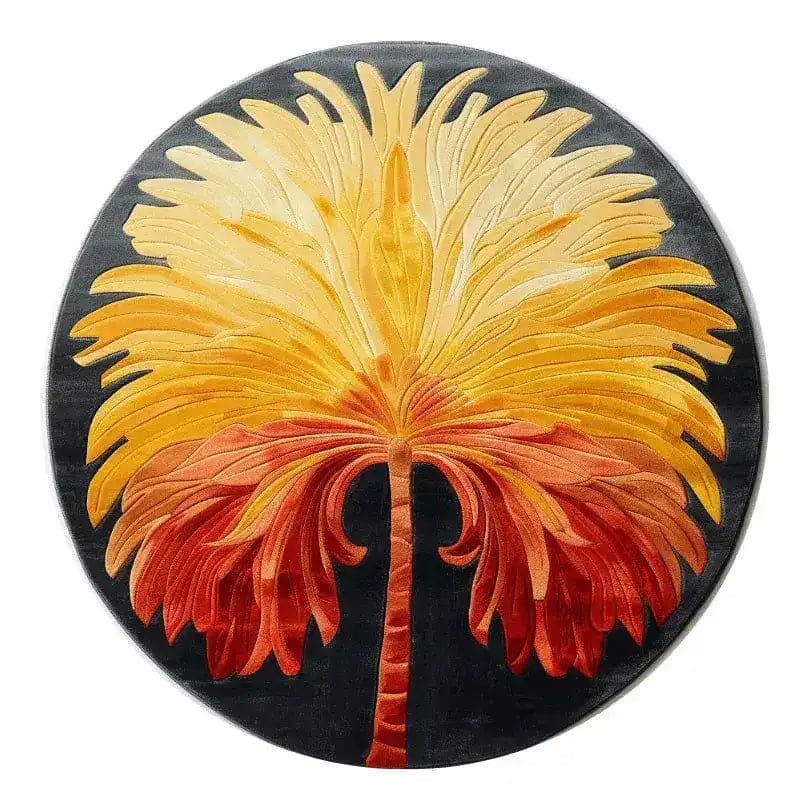 Vibrant Sunset Palm Hand Tufted Round Rug featuring a striking palm design in shades of yellow, orange, and red, perfect as an area rug for both dining room and living room settings. This wool rug adds an artistic touch to dining room carpets and living room area rugs.
