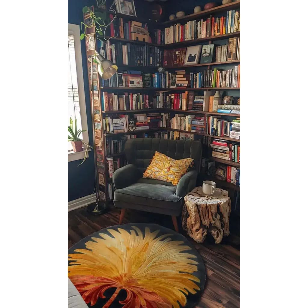 A cozy reading nook featuring a vibrant Sunset Palm Hand Tufted Round Rug, adding a splash of color to a stylish living room. The wool rug's warm hues complement the wooden floors and the surrounding shelves filled with books. Perfect for a dining room or as a living room area rug, this round rug enhances the space with its artistic design.