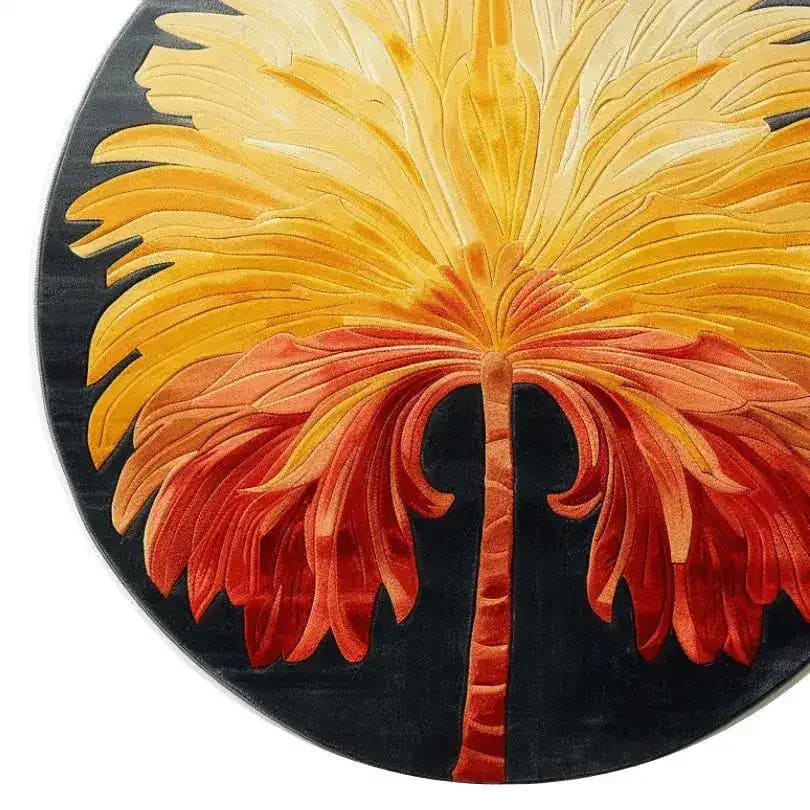 Vibrant round area rug with a hand-tufted design, featuring a striking sunset palm motif in warm yellow and orange hues against a dark background. Perfect for enhancing dining rooms and living rooms with a touch of tropical elegance, this wool rug serves as a stylish focal point for any space.