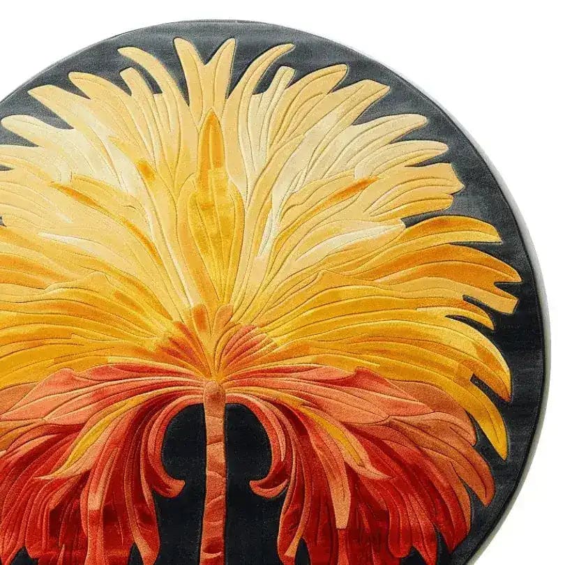 Vibrant Sunset Palm Hand Tufted Round Rug, perfect for dining room or living room. This wool area rug features an artistic palm design in warm sunset shades, ideal as a statement piece in dining room carpets or living room area rugs.