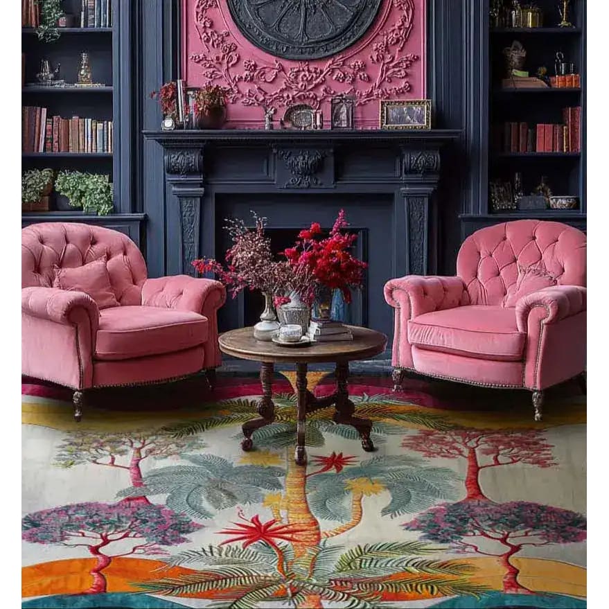 Vibrant living room featuring a Sunset Palms hand-tufted wool area rug with a tropical floral design, placed between two plush pink armchairs. This square rug adds a splash of color and elegance, making it a perfect addition to large area rugs for living room decor.