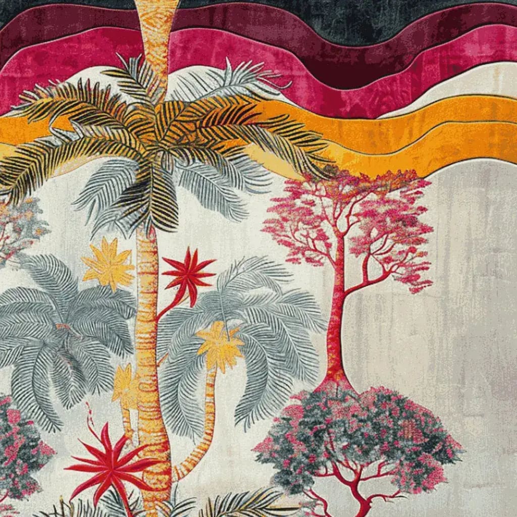 Vibrant and artistic area rug featuring palm and floral designs, ideal for a living room setting. This wool rug showcases a colorful blend of reds, yellows, and greens, making it a perfect square area rug for adding a tropical flair to large spaces.