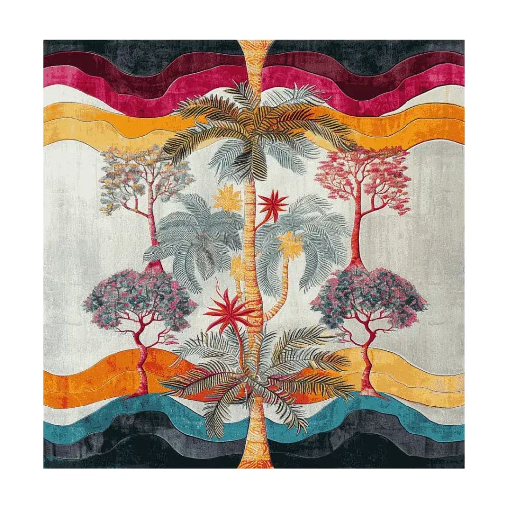The Sunset Palms Hand Tufted Rug is a vibrant area rug perfect for the living room. This large square wool rug features an artistic design with palm trees and colorful waves, bringing a tropical flair to your space. The floral elements and striking colors make it an ideal choice for those seeking unique and stylish rugs for their living room.