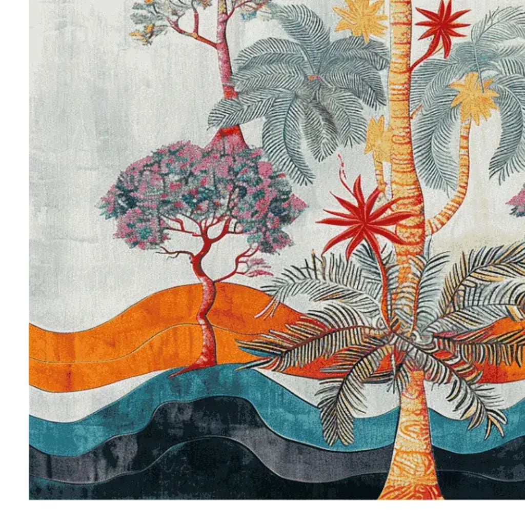 The Sunset Palms Hand Tufted Rug, a vibrant wool area rug perfect for the living room, showcases a stunning design with colorful palm trees and abstract waves. This large square area rug blends shades of orange, teal, and black, making it an ideal floral rug for adding a touch of nature to your space.