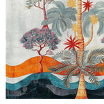 The Sunset Palms Hand Tufted Rug, a vibrant wool area rug perfect for the living room, showcases a stunning design with colorful palm trees and abstract waves. This large square area rug blends shades of orange, teal, and black, making it an ideal floral rug for adding a touch of nature to your space.