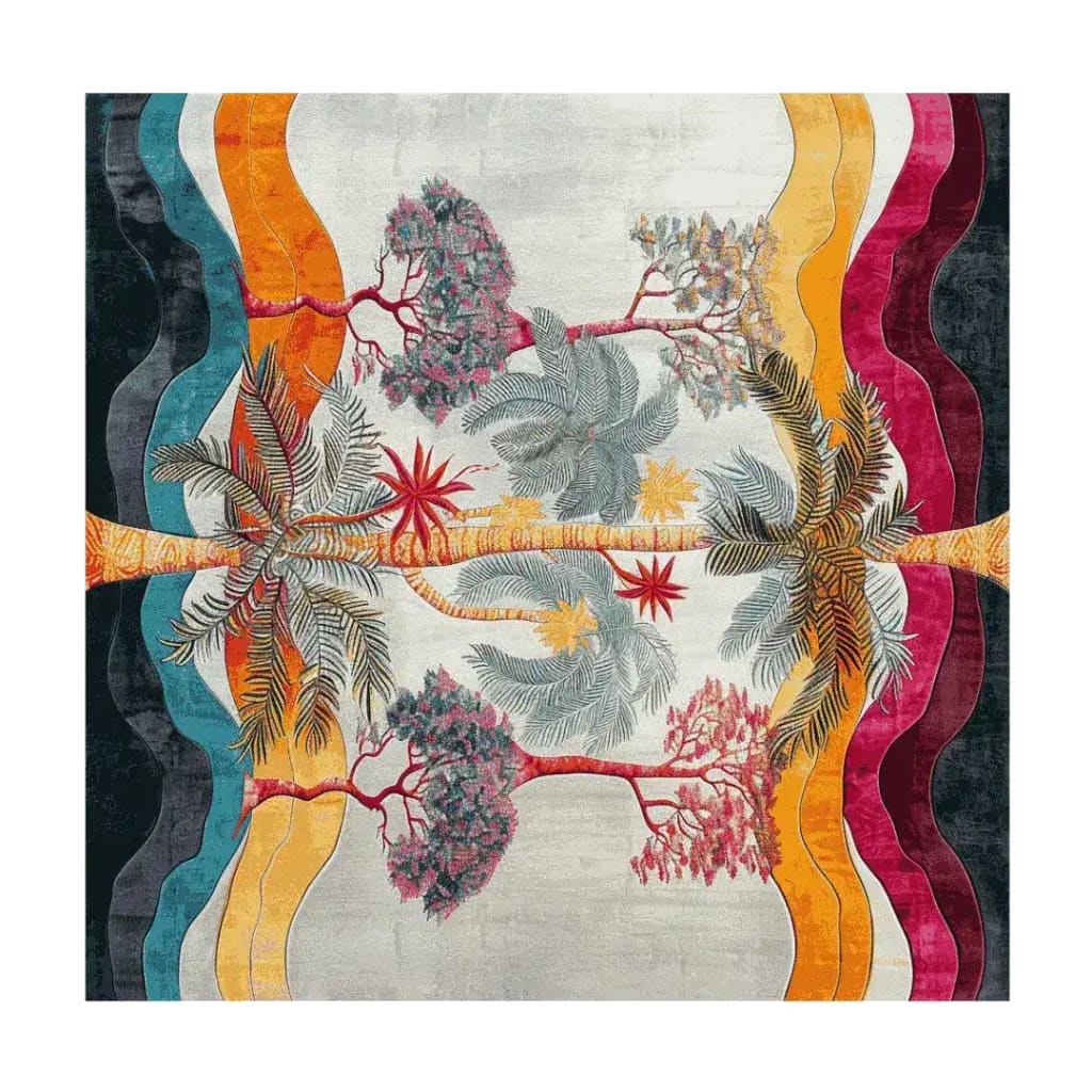Vibrant Sunset Palms Hand Tufted Area Rug showcasing a colorful blend of palm and floral patterns, perfect for a living room. This wool rug features a striking design with bold, wavy edges and a rich palette of colors, ideal for those seeking a large square area rug to enhance their living space.