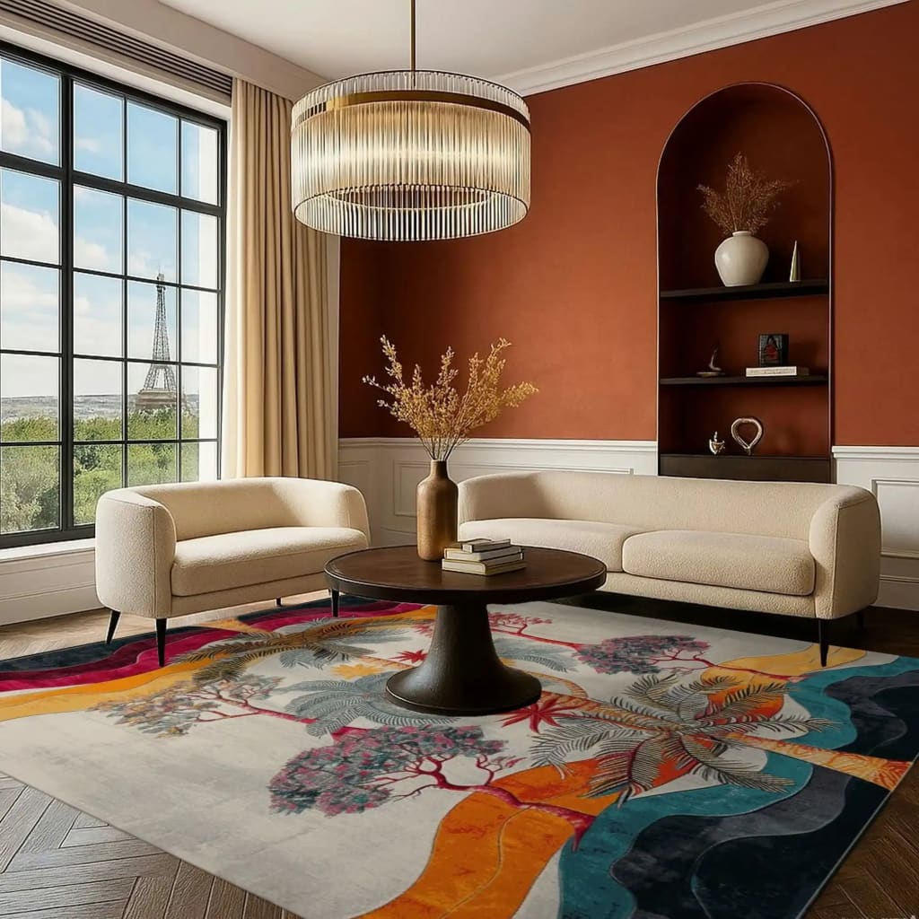 A vibrant Sunset Palms Hand Tufted Area Rug in a stylish living room, featuring a colorful floral design with palm motifs. This large wool rug is a perfect square area rug, adding warmth and elegance to the space with cream sofas and a modern chandelier.