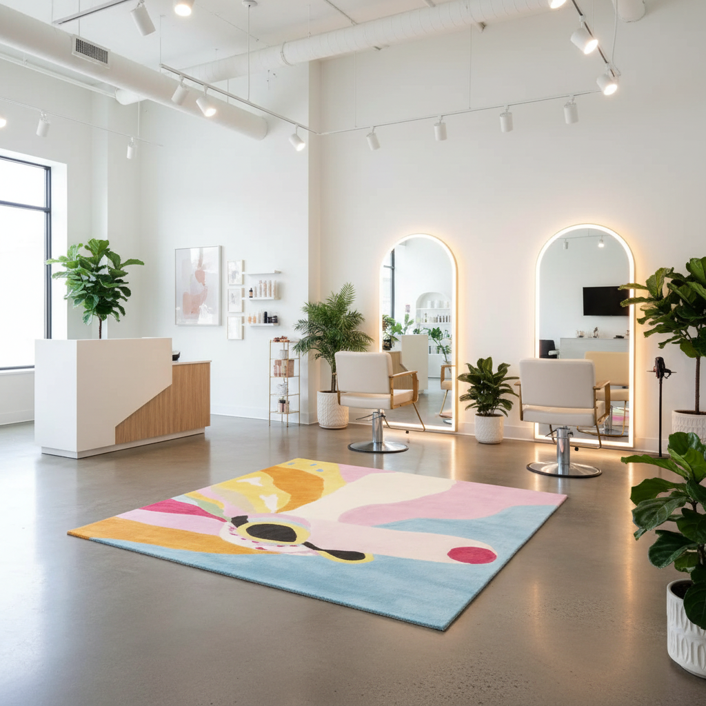 Modern salon interior with a colorful rug, white chairs, and plants.