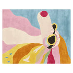 Vibrant abstract design of the Sunset Pup Swagger Hand Tufted Area Rug, featuring a mix of pastel and bold colors like pink, yellow, and blue. This contemporary rug is ideal for large living rooms, offering a unique artistic touch with its wool construction.