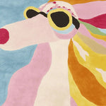 Vibrant hand-tufted wool area rug featuring a playful abstract design of a dog wearing sunglasses. Ideal for large living room spaces, this contemporary rug adds a splash of color and personality, perfect for those seeking unique area rugs for living room decor.