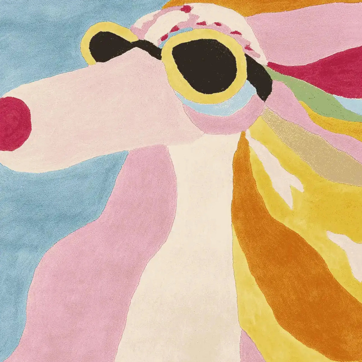Vibrant hand-tufted wool area rug featuring a playful abstract design of a dog wearing sunglasses. Ideal for large living room spaces, this contemporary rug adds a splash of color and personality, perfect for those seeking unique area rugs for living room decor.