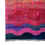 Top view of the Sunset Reverie Viscose Hand Knotted Wool Rug, a vibrant contemporary area rug perfect for living rooms. Featuring an abstract design with rich sunset hues of red, purple, and blue, this wool rug adds a touch of elegance and warmth to any space.