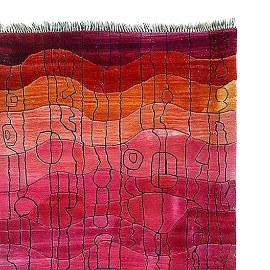 Top view of the Sunset Reverie Viscose Hand Knotted Wool Rug, showcasing its vibrant abstract design in shades of orange, pink, and red. This contemporary area rug is perfect for adding a pop of color to living room spaces, offering both style and comfort as a wool rug.