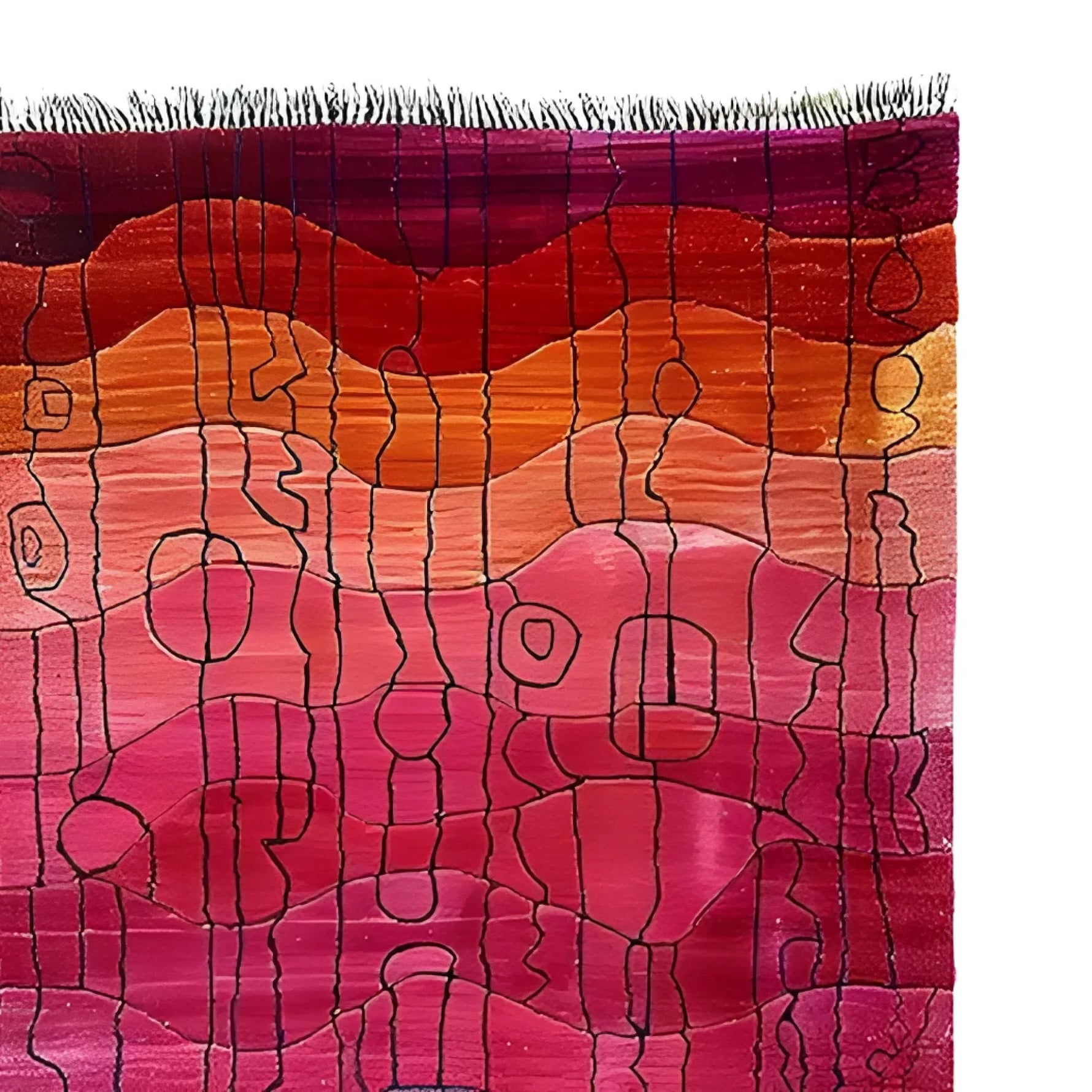 Top view of the Sunset Reverie Viscose Hand Knotted Wool Rug, showcasing its vibrant abstract design in shades of orange, pink, and red. This contemporary area rug is perfect for adding a pop of color to living room spaces, offering both style and comfort as a wool rug.