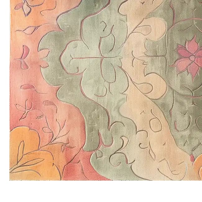 A beautifully hand-tufted wool area rug, perfect for adding warmth and style to any living room. The Sunset Serenade rug features an abstract floral pattern in soothing shades of pink, green, and orange, making it an ideal choice for those seeking elegant rugs for living room decor.