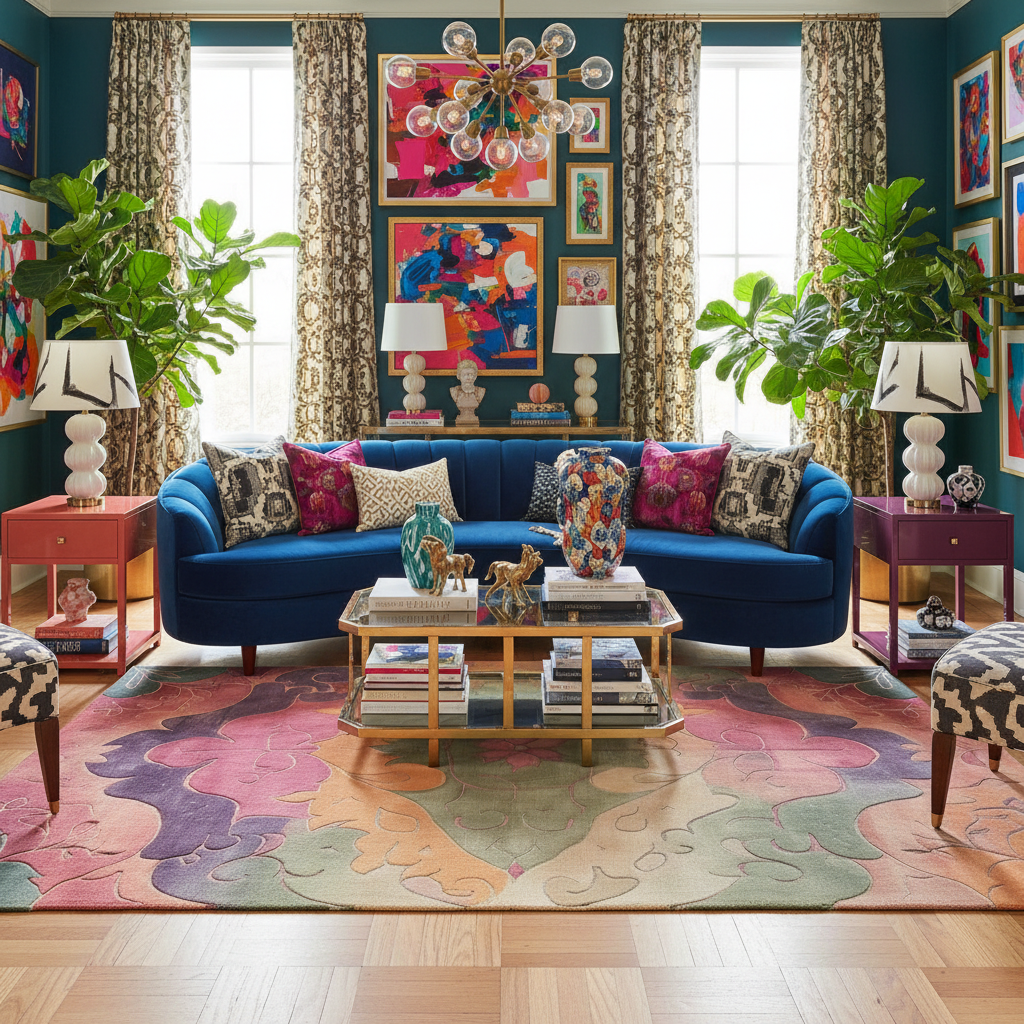 Colorful living room with a blue sofa, patterned rug, and decorative items.