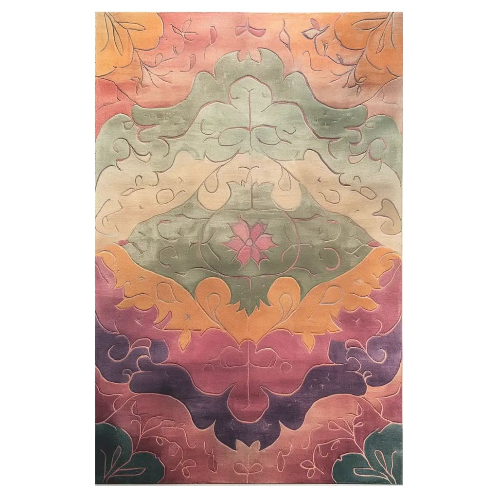 The Sunset Serenade Hand Tufted Wool Rug features an elegant, abstract pattern with vibrant hues of orange, green, and purple, creating a captivating centerpiece for any living room. This area rug is perfect for adding a touch of style and comfort, making it an ideal choice for those seeking unique rugs for living room spaces.