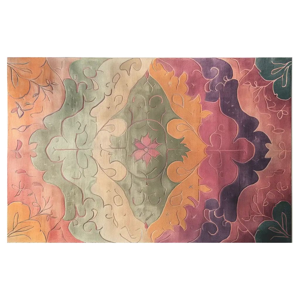 A vibrant hand-tufted wool area rug, perfect for adding warmth to your living room. The Sunset Serenade rug features an abstract design with harmonious colors of green, orange, and pink, making it an ideal choice for those seeking stylish living room area rugs.