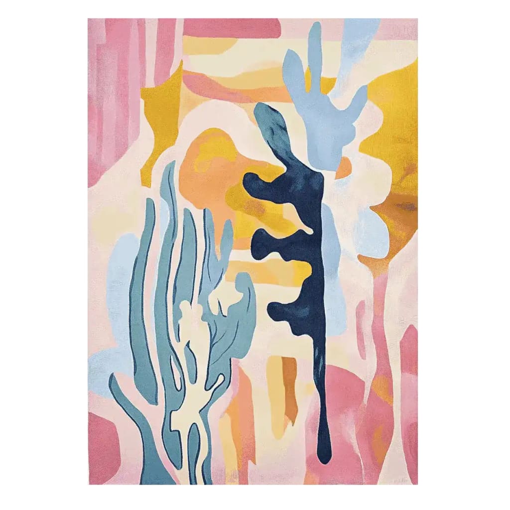 Vibrant Sunset Stroke Hand Tufted Area Rug featuring a contemporary abstract design with splashes of pink, blue, and yellow. Perfect for adding a touch of modern art to your living room, this large wool rug combines style and comfort seamlessly.