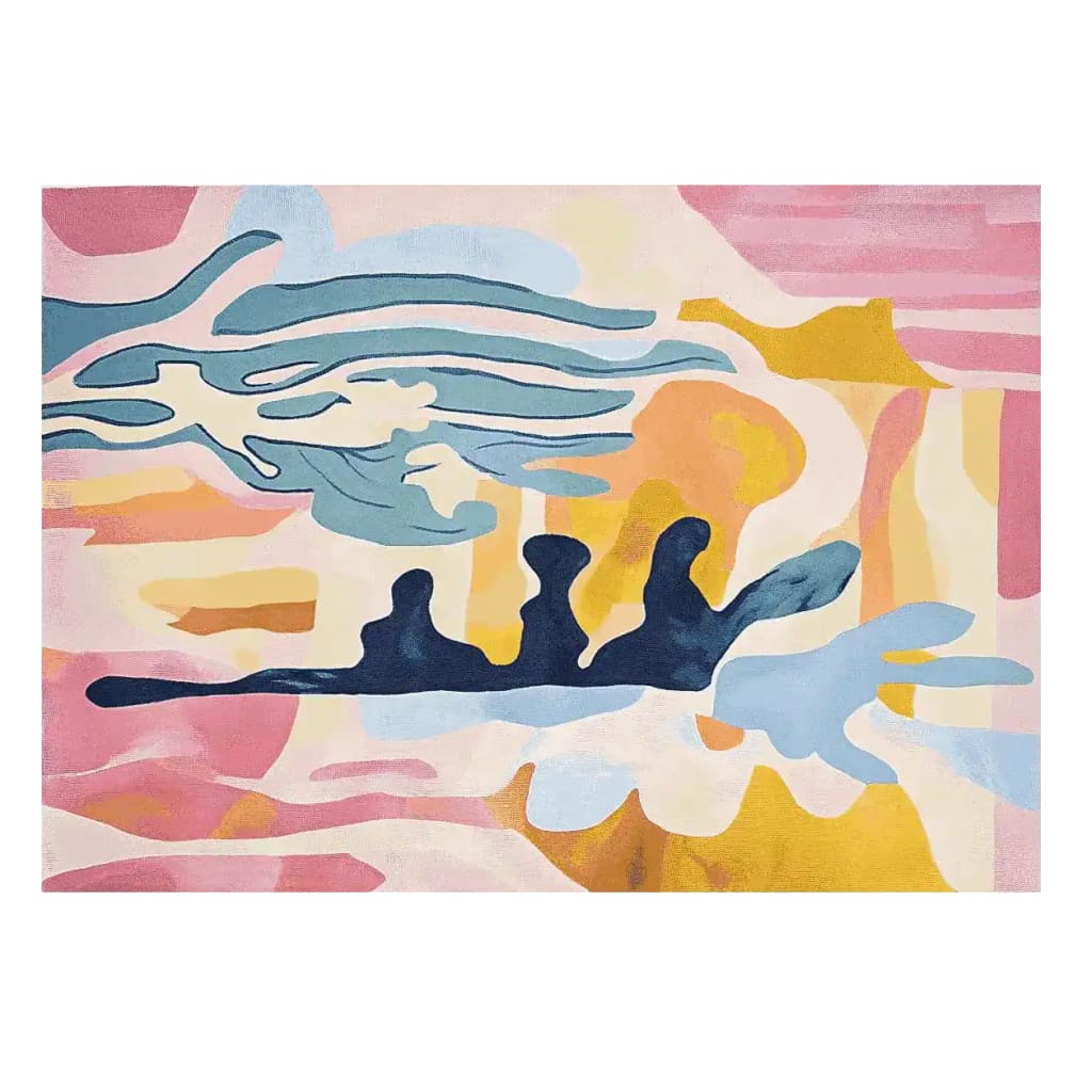A vibrant Sunset Stroke Hand Tufted Area Rug featuring an abstract design with bold colors like pink, blue, and yellow. Ideal for adding a contemporary touch to large living rooms, this wool rug is a perfect choice for those seeking unique rugs for their living space.