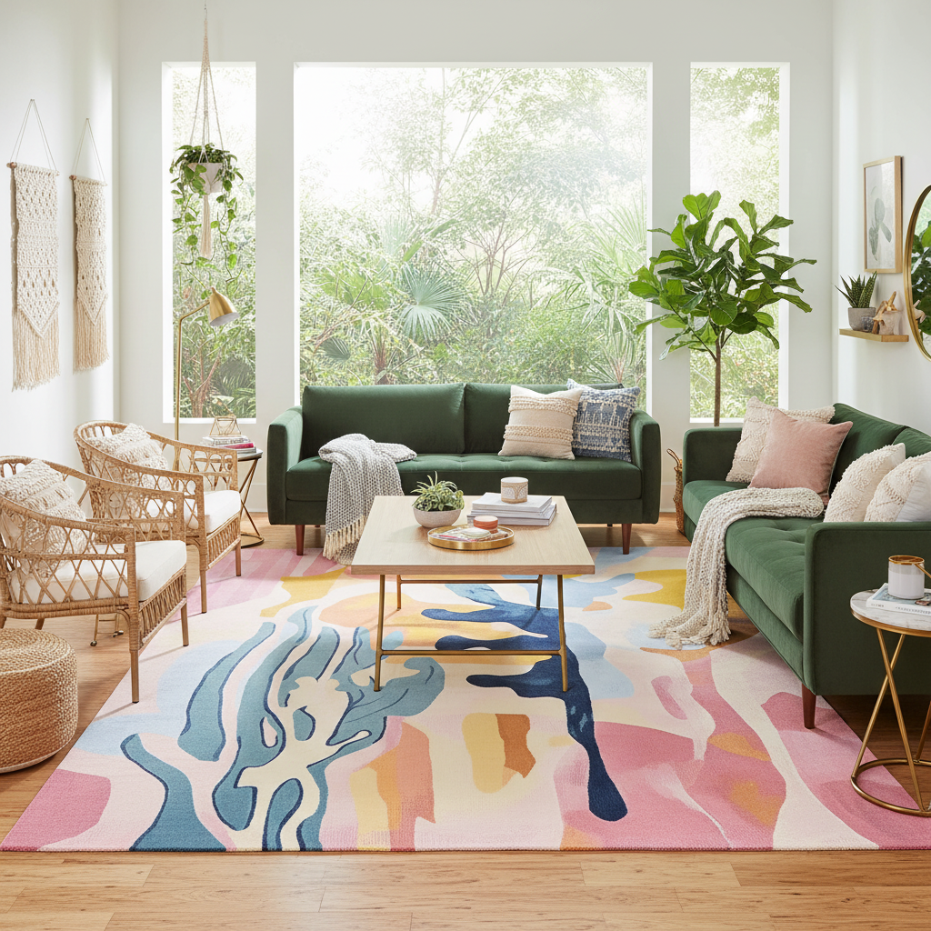 Living room with green sofas, colorful rug, and wooden coffee table.