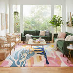 Living room with green sofas, colorful rug, and wooden coffee table.