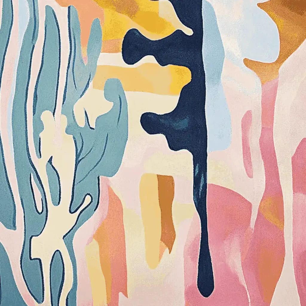 A vibrant, hand-tufted area rug featuring abstract designs with flowing patterns in shades of blue, pink, and yellow. Ideal for modern living rooms, this contemporary wool rug adds a pop of color and style as a large living room rug.