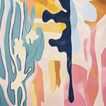 A vibrant, hand-tufted area rug featuring abstract designs with flowing patterns in shades of blue, pink, and yellow. Ideal for modern living rooms, this contemporary wool rug adds a pop of color and style as a large living room rug.