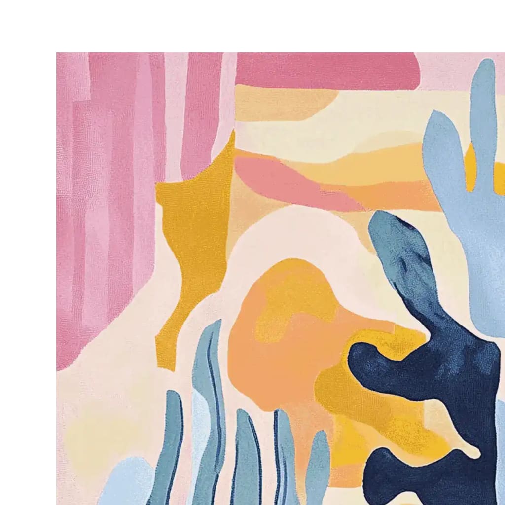 Vibrant and artistic area rug featuring an abstract design with pink, yellow, blue, and orange hues, perfect for adding a touch of contemporary style to your living room. This wool rug offers a unique blend of colors, making it an ideal choice for large living room rugs that stand out.