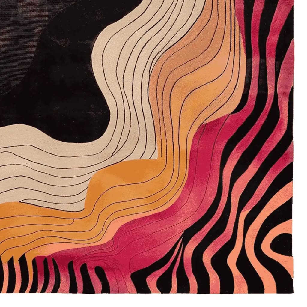 A vibrant, abstract area rug featuring a blend of rich colors including black, beige, orange, and pink, with wavy patterns resembling a sunset. This wool rug is perfect for adding a contemporary touch to any living room, making it an ideal choice for those seeking large living room rugs.