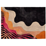 The Sunset Vein Pulse Hand Tufted Area Rug is a stunning contemporary rug perfect for large living rooms. Featuring an abstract design with flowing waves of black, beige, orange, and pink, this wool rug adds a vibrant touch to any modern space.