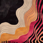 A vibrant, contemporary area rug featuring an abstract wave pattern with flowing lines of black, beige, orange, and red. Ideal for large living rooms, this wool rug adds a modern touch to any space.