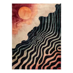 Contemporary abstract area rug featuring a hand-tufted design with swirling black and beige waves, complemented by a warm sunset motif in the corner. Perfect for adding a modern touch to a living room, this 8x10 wool rug blends artistry with comfort.