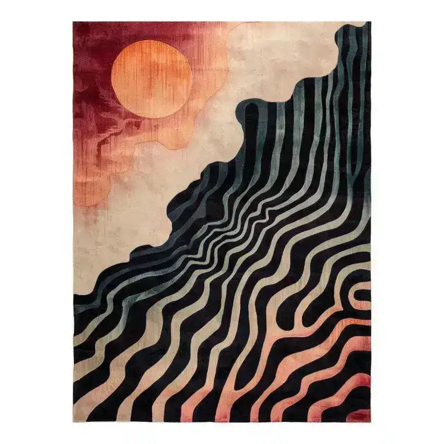 Contemporary abstract area rug featuring a hand-tufted design with swirling black and beige waves, complemented by a warm sunset motif in the corner. Perfect for adding a modern touch to a living room, this 8x10 wool rug blends artistry with comfort.