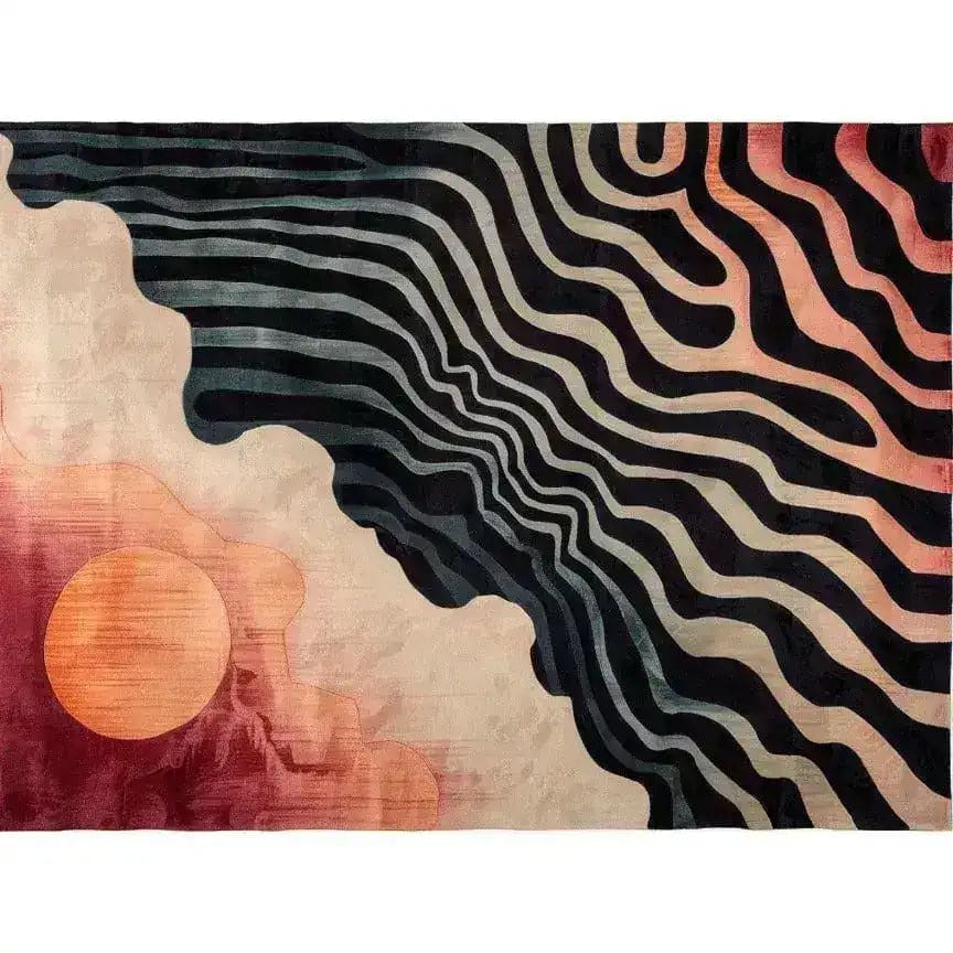 A stunning area rug featuring an abstract design of sunset colors blending into wavy black and beige stripes, perfect for a contemporary living room. This hand-tufted viscose and wool rug measures 8x10, adding a touch of modern elegance to any space.