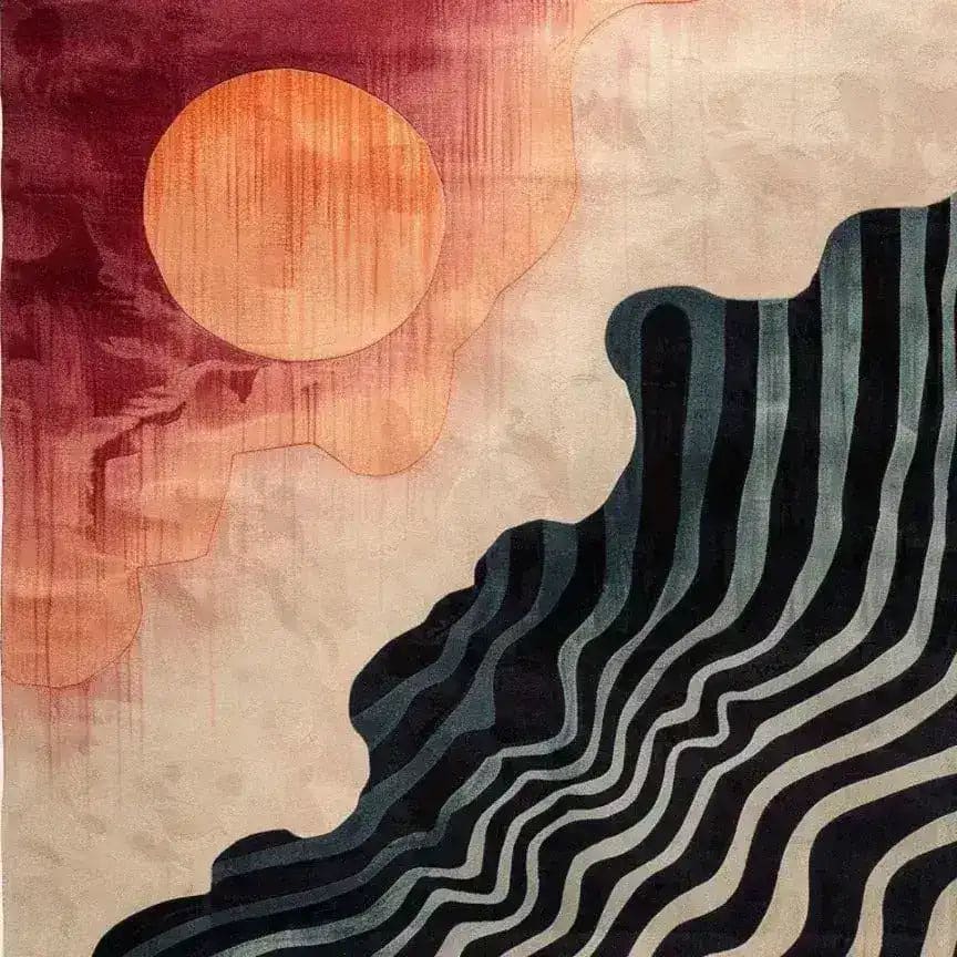 A stunning area rug perfect for the living room, showcasing an abstract design with a large sun and wave patterns. This contemporary wool rug, sized 8x10, adds a vibrant touch to any space.