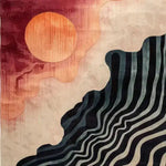 A stunning area rug perfect for the living room, showcasing an abstract design with a large sun and wave patterns. This contemporary wool rug, sized 8x10, adds a vibrant touch to any space.