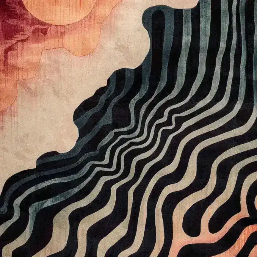 A stunning Sunset Waves Hand Tufted Viscose Area Rug featuring an abstract design with flowing black and white waves against a backdrop of warm sunset hues. This contemporary rug adds elegance to any living room space, perfect for those seeking an 8x10 wool rug that combines modern style with comfort.