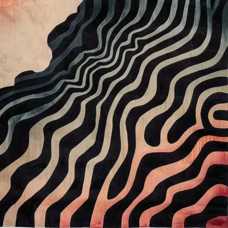 Contemporary area rug with a striking abstract wave pattern in rich black and warm sunset hues, perfect for enhancing a living room space. This hand-tufted wool rug, sized 8x10, adds a touch of modern elegance and softness underfoot.