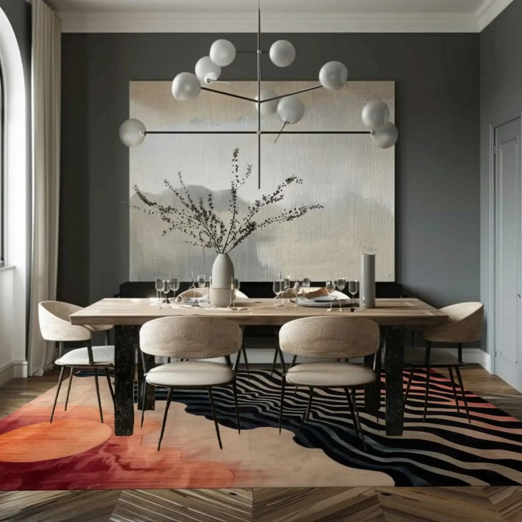 A contemporary living room featuring the Sunset Waves Hand Tufted Viscose Rug, an area rug with abstract patterns resembling waves in shades of red, orange, and black. The rug is placed under a stylish dining table set, complementing the modern decor with its artistic design. Perfect for adding a touch of elegance to living room spaces, especially in 8x10 dimensions, this wool rug enhances the room's cozy ambiance.