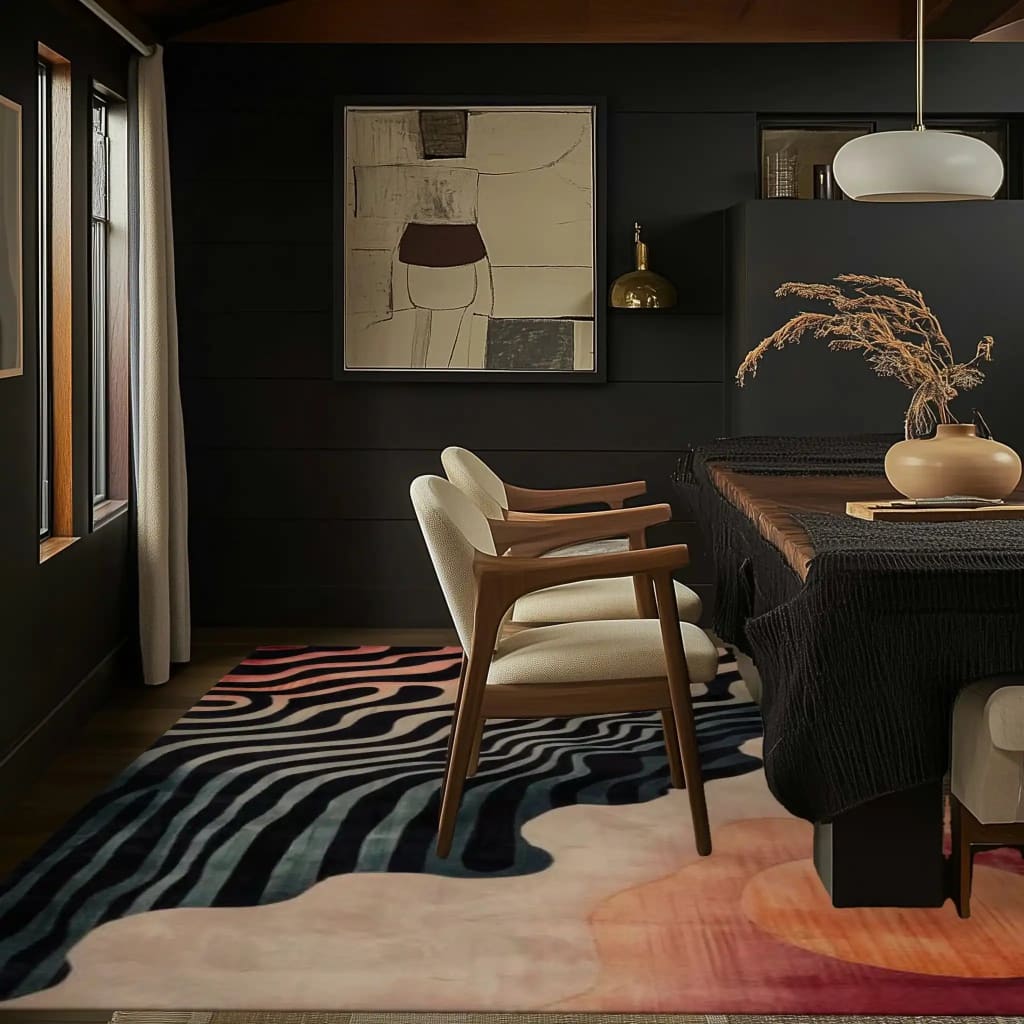 Stylish living room featuring a contemporary hand tufted viscose rug with abstract sunset wave patterns in shades of pink, blue, and black. The area rug, measuring 8x10, complements the modern decor with wooden chairs and a dark wooden table, creating a cozy and artistic atmosphere. Ideal for adding warmth and style to any living space.