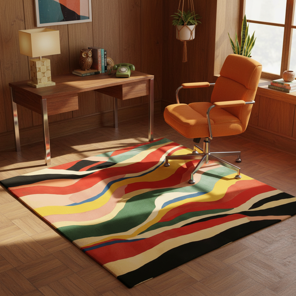 Colorful striped rug in a room with a desk and chair.