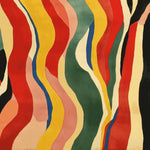 Vibrant Sunstorm Drift Pattern Hand Tufted Area Rug featuring bold, wavy stripes in red, yellow, green, blue, and black. This contemporary wool rug is ideal for living room area rugs, especially in an 8x10 size square format, adding a dynamic touch to any modern space.