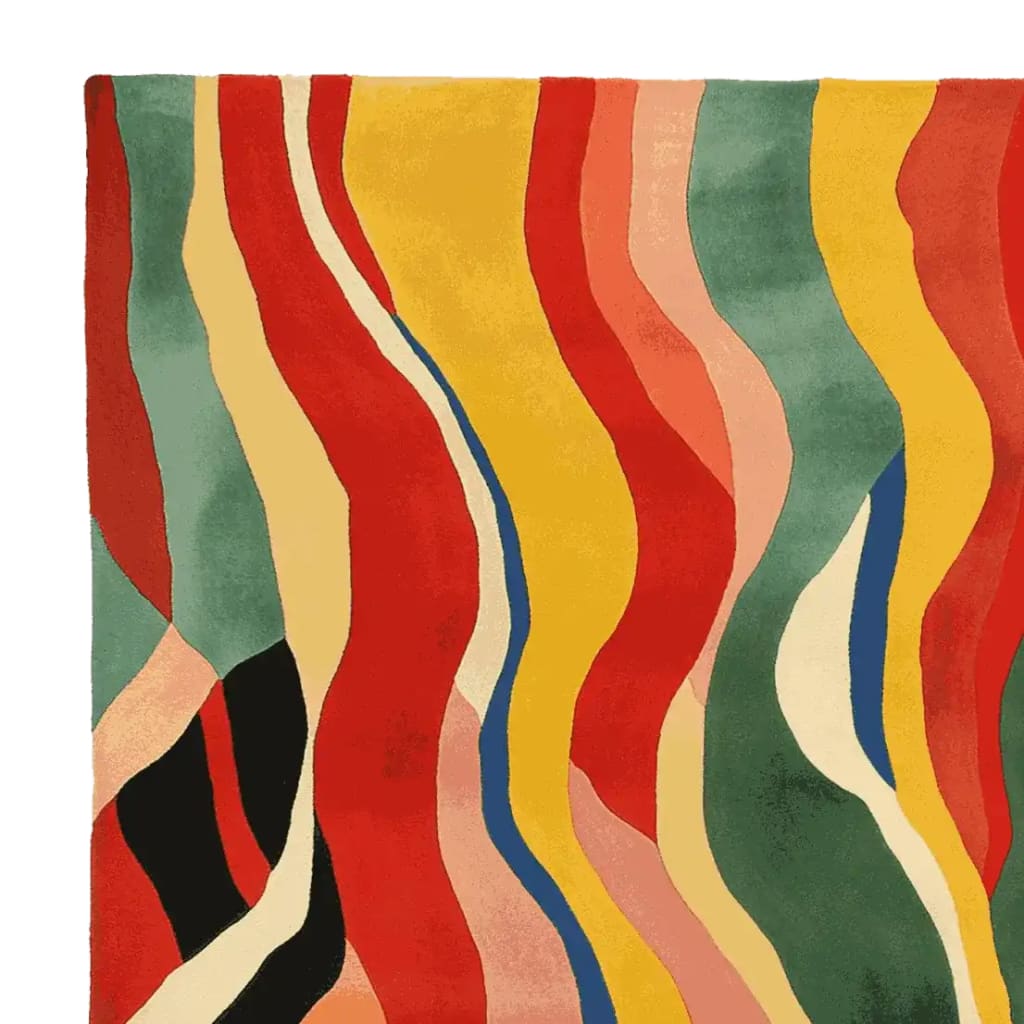 Top view of the Sunstorm Drift Pattern Hand Tufted Area Rug, featuring vibrant wavy stripes in red, yellow, green, and blue. This contemporary wool rug is perfect for adding a burst of color to living room spaces, available in a versatile 8x10 square size.