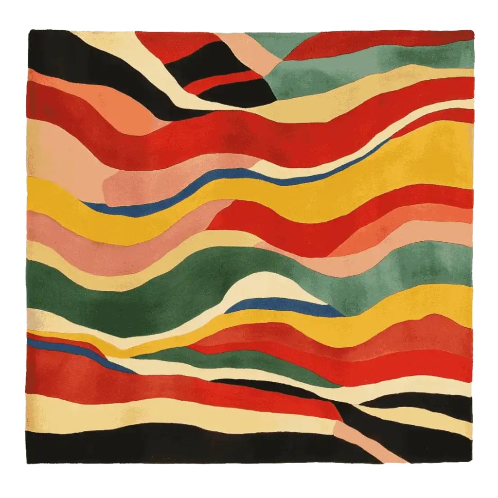 Vibrant Sunstorm Drift Pattern Hand Tufted Area Rug crafted from wool, showcasing bold waves of color in red, yellow, green, and black. This contemporary square rug is ideal for enhancing living room spaces, perfectly sized at 8x10 for a chic and modern look.