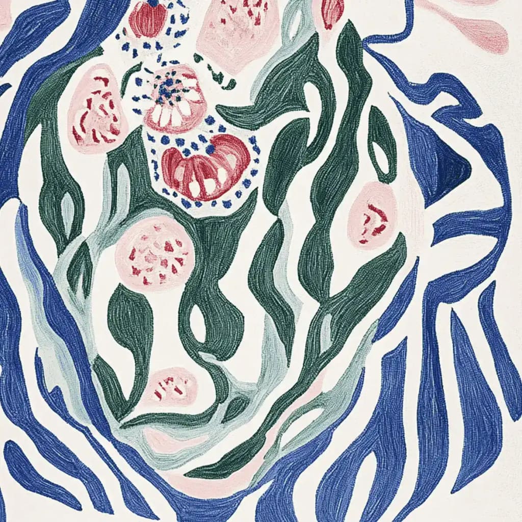 A vibrant, hand-tufted area rug featuring an abstract design with swirling green, blue, and pink patterns, ideal for contemporary living room spaces. This wool rug is perfect for adding a touch of artistry to living room area rugs, especially in an 8x10 size.