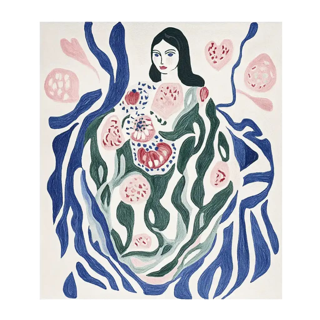 This stunning Surreal Body Whispers Hand Tufted Rug features an abstract design with a female figure surrounded by flowing blue and green shapes and pink floral accents. Perfect for adding a touch of whimsy to any living room, this contemporary rug is crafted from high-quality wool, making it an ideal choice for those seeking durable and stylish living room area rugs. Available in a spacious 8x10 size, this area rug brings both comfort and artistic flair to your home decor.