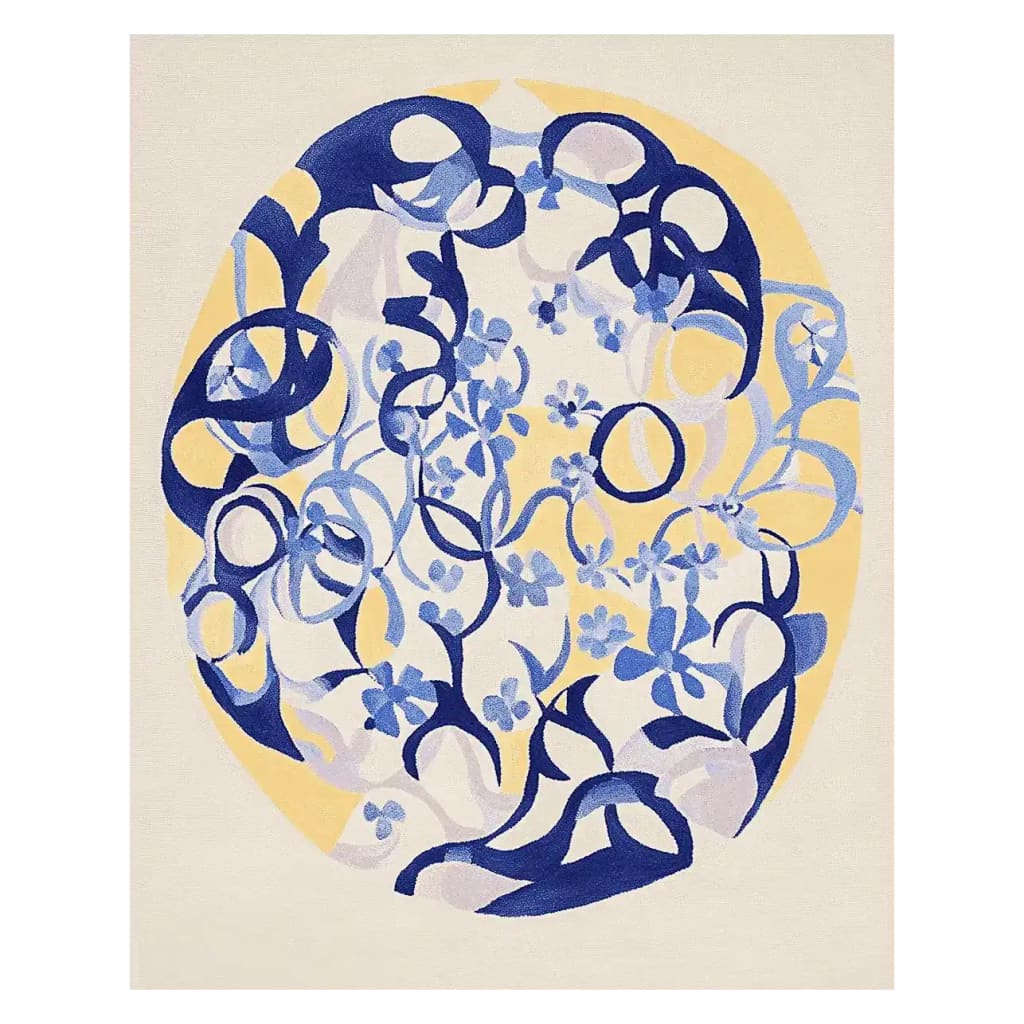 A stunning hand-tufted area rug featuring a surreal garden vibe with intricate blue floral and abstract designs on a soft cream background. Perfect for enhancing contemporary decor, this wool rug brings a unique aesthetic to living room area rugs.