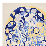 A close-up view of a Surreal Garden Vibe Hand Tufted Rug, showcasing an intricate design of swirling blue and yellow patterns. This contemporary area rug is perfect for adding a touch of elegance to any living room, crafted from high-quality wool. Ideal for those seeking unique and stylish area rugs for living room spaces.