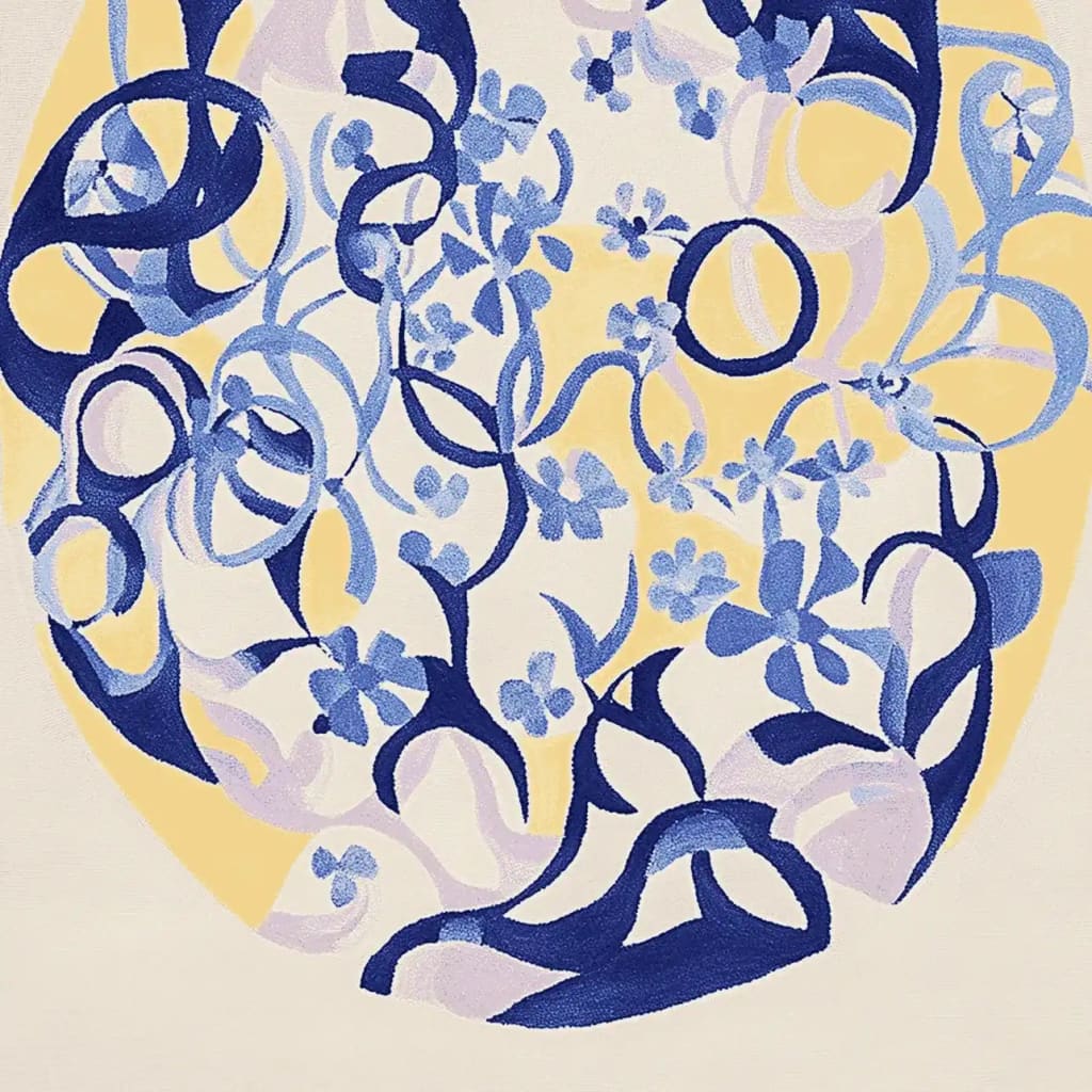 A stunning, hand-tufted area rug showcasing a vibrant, contemporary design. The rug features an abstract, swirling pattern with blue and yellow hues, perfect for adding a modern touch to living room area rugs. This high-quality wool rug is an ideal choice for those seeking unique area rugs for the living room.